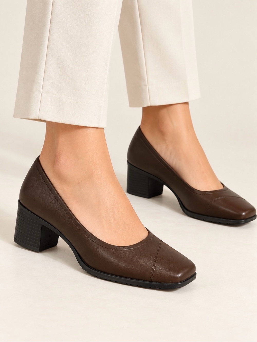 Women's Classic Brown Block Heel Pumps